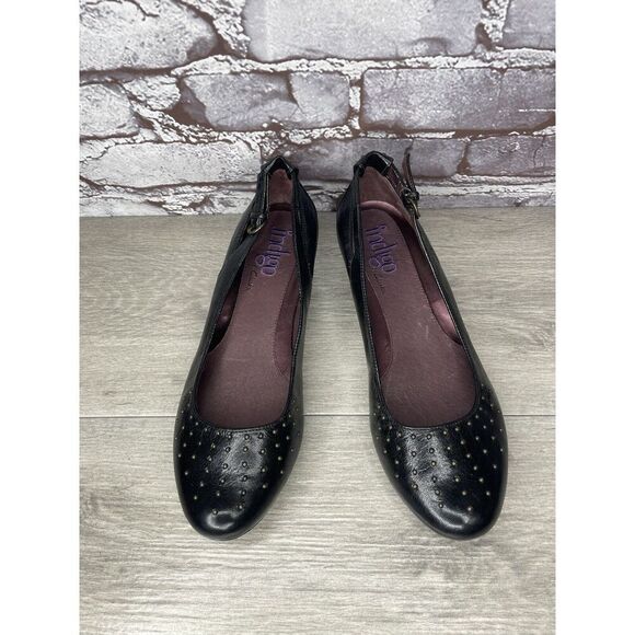 INDIGO BY CLARKS Black Lea Bishop Studded Slip On Strap Wedge Women’s 8M US/39EU - Picture 2 of 16